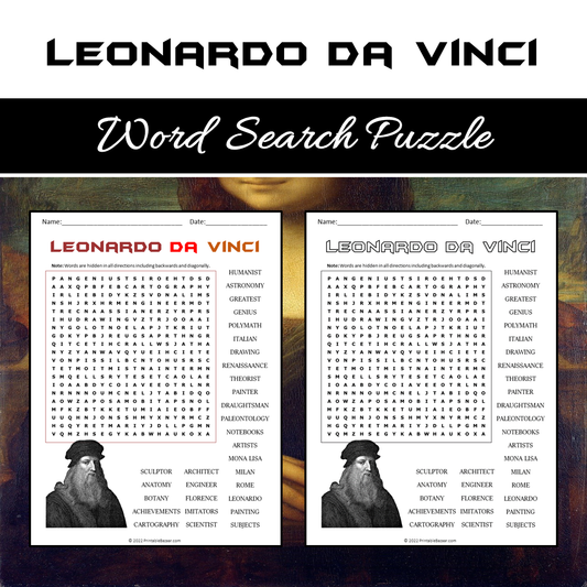 Leonardo Da Vinci Word Search Puzzle Worksheet PDF