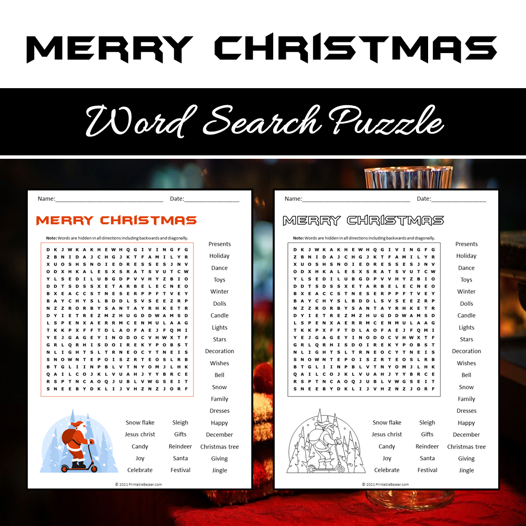 Merry Christmas Word Search Puzzle Worksheet PDF