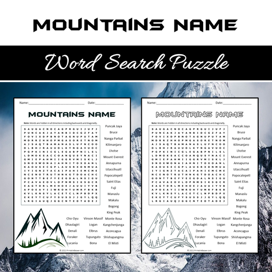 Mountains Name Word Search Puzzle Worksheet PDF