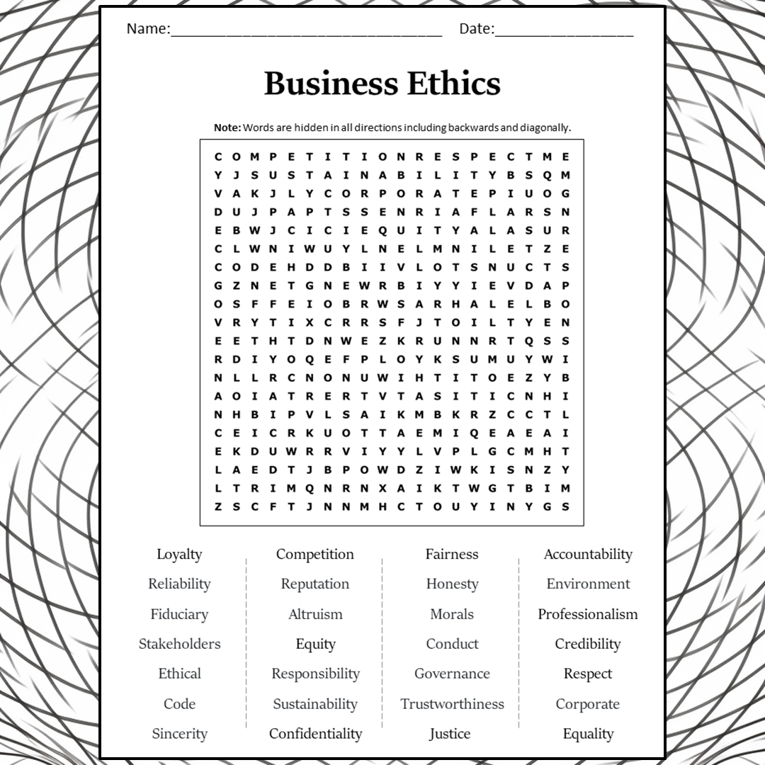 Business Ethics Word Search Puzzle Worksheet Activity PDF