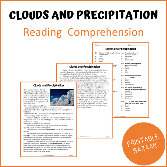 Clouds And Precipitation Reading Comprehension Passage and Questions | Printable PDF
