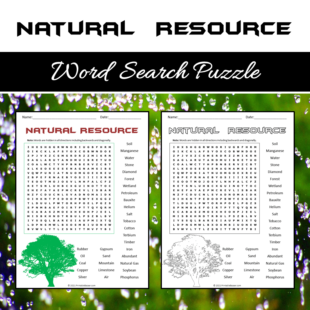 Natural Resource Word Search Puzzle Worksheet PDF