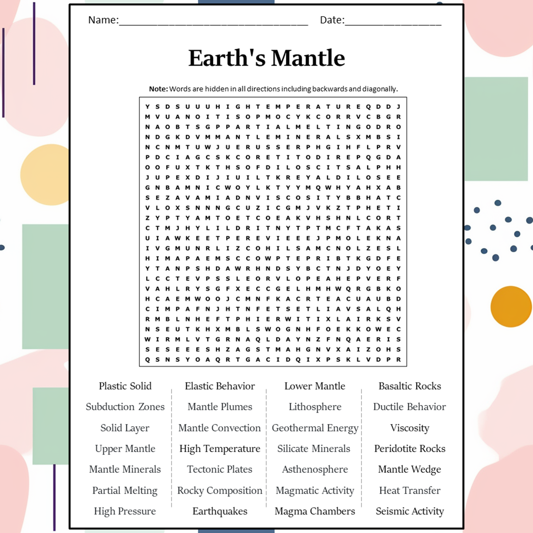 Earth's Mantle Word Search Puzzle Worksheet Activity PDF