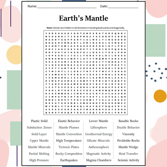 Earth's Mantle Word Search Puzzle Worksheet Activity PDF