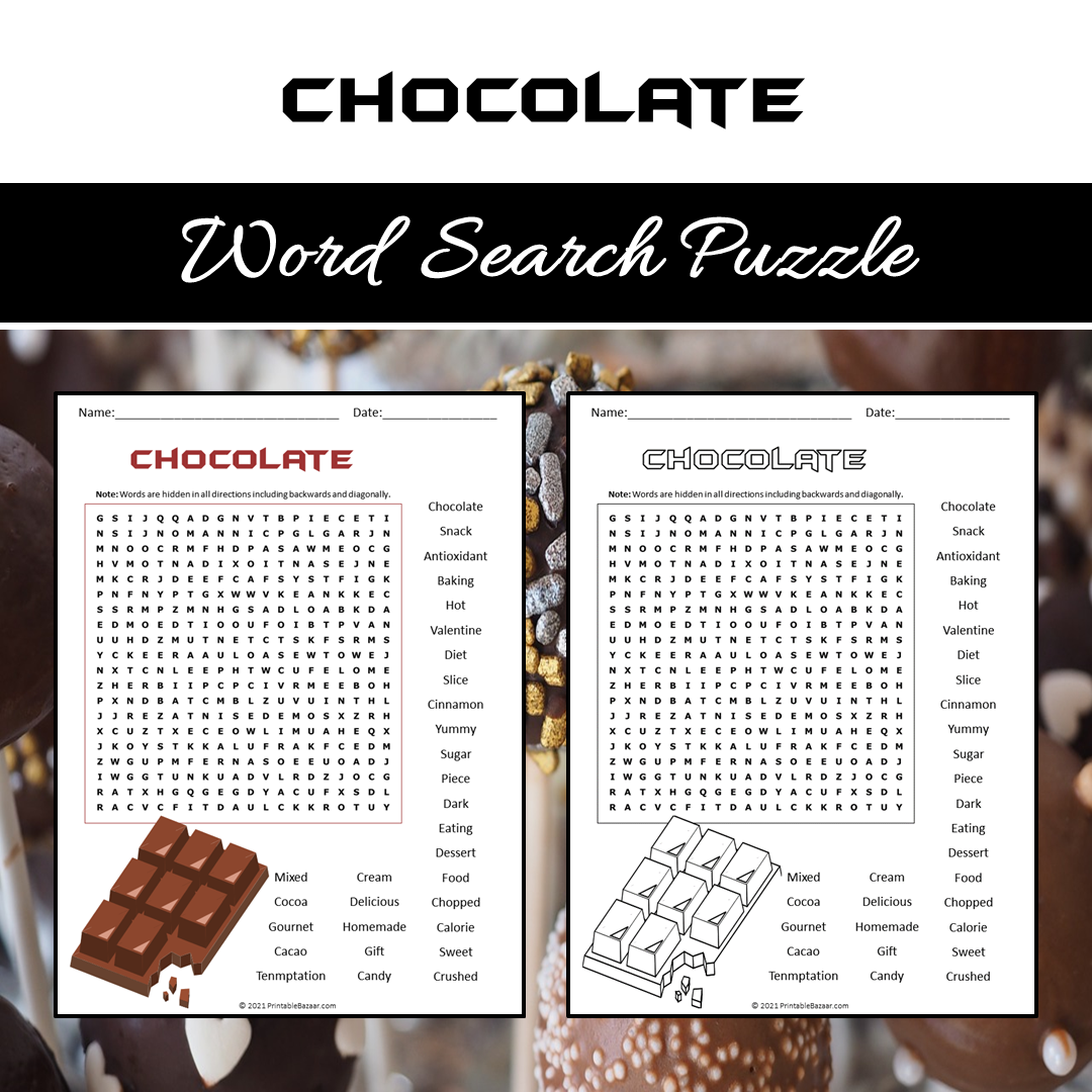 Chocolate Word Search Puzzle Worksheet PDF – PrintableBazaar