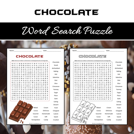 Chocolate Word Search Puzzle Worksheet PDF