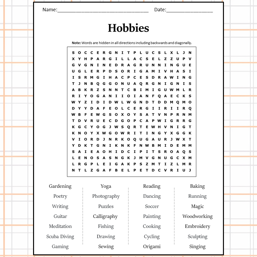 Hobbies Word Search Puzzle Worksheet Activity PDF