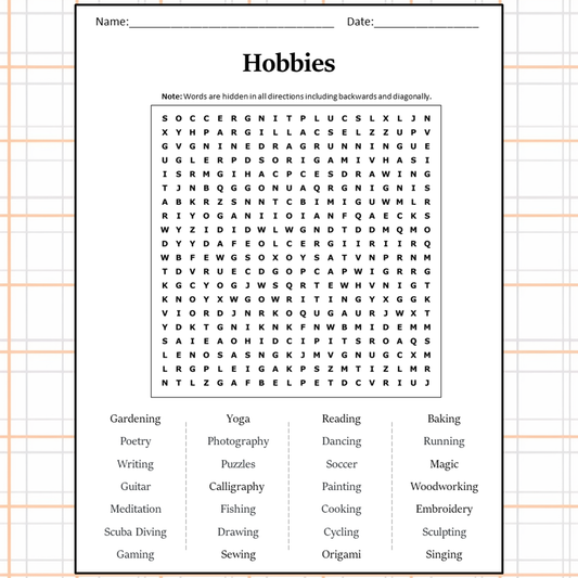 Hobbies Word Search Puzzle Worksheet Activity PDF