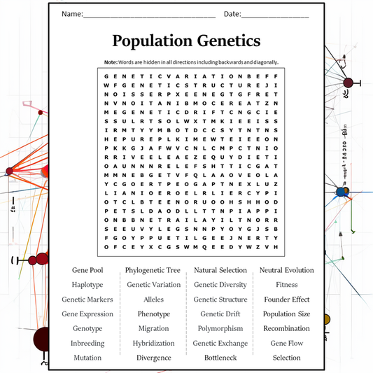 Population Genetics Word Search Puzzle Worksheet Activity PDF