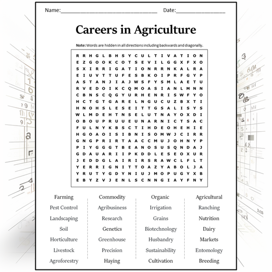 Careers In Agriculture Word Search Puzzle Worksheet Activity PDF