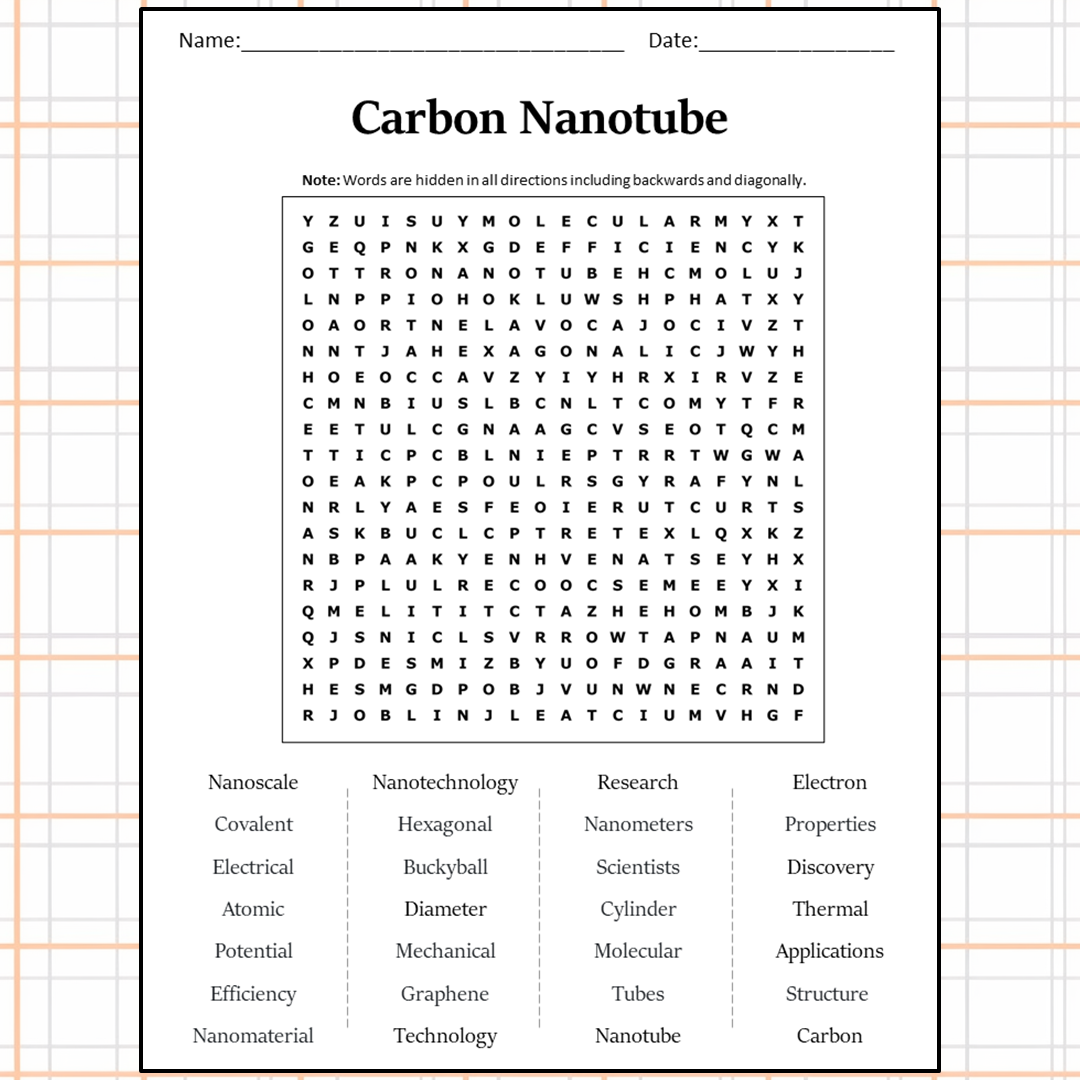 Carbon Nanotube Word Search Puzzle Worksheet Activity PDF