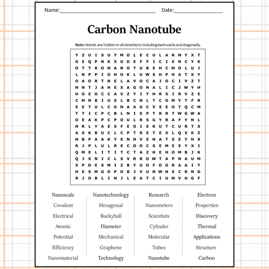 Carbon Nanotube Word Search Puzzle Worksheet Activity PDF