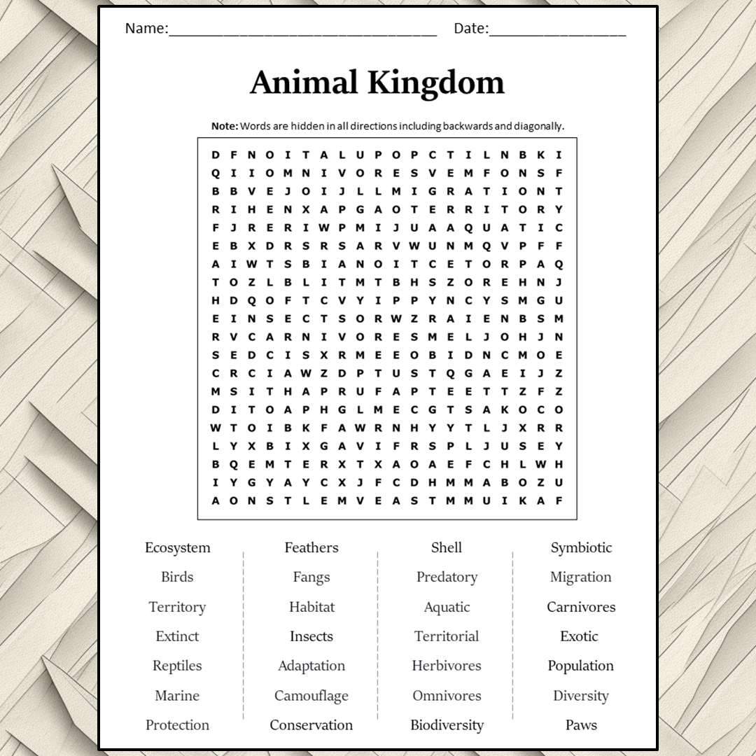 Animal Kingdom Word Search Puzzle Worksheet Activity PDF