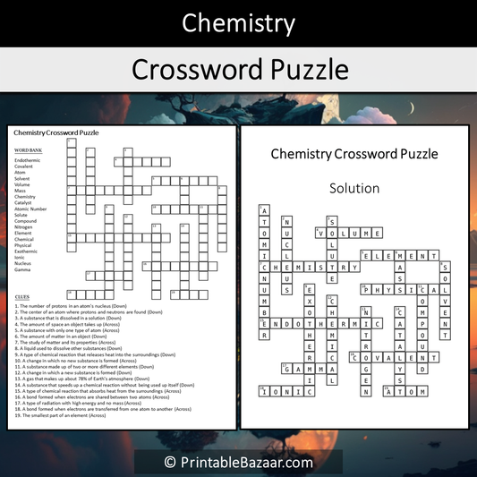 Chemistry Crossword Puzzle Worksheet Activity Printable PDF