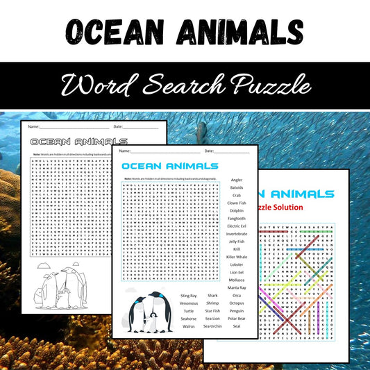 Ocean Animals Word Search Puzzle Worksheet PDF
