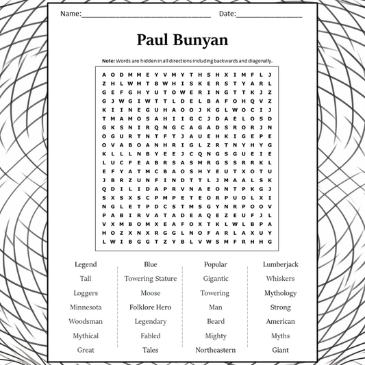 Paul Bunyan Word Search Puzzle Worksheet Activity PDF