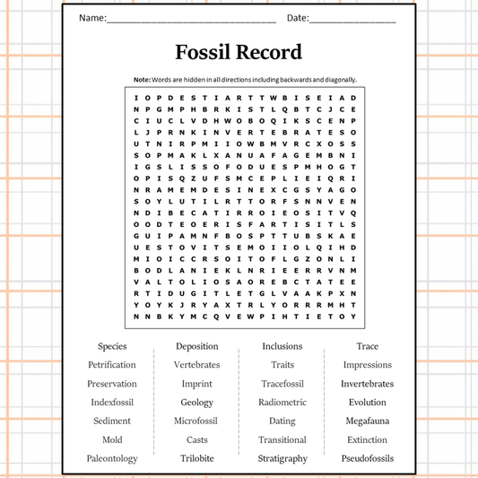 Fossil Record Word Search Puzzle Worksheet Activity PDF