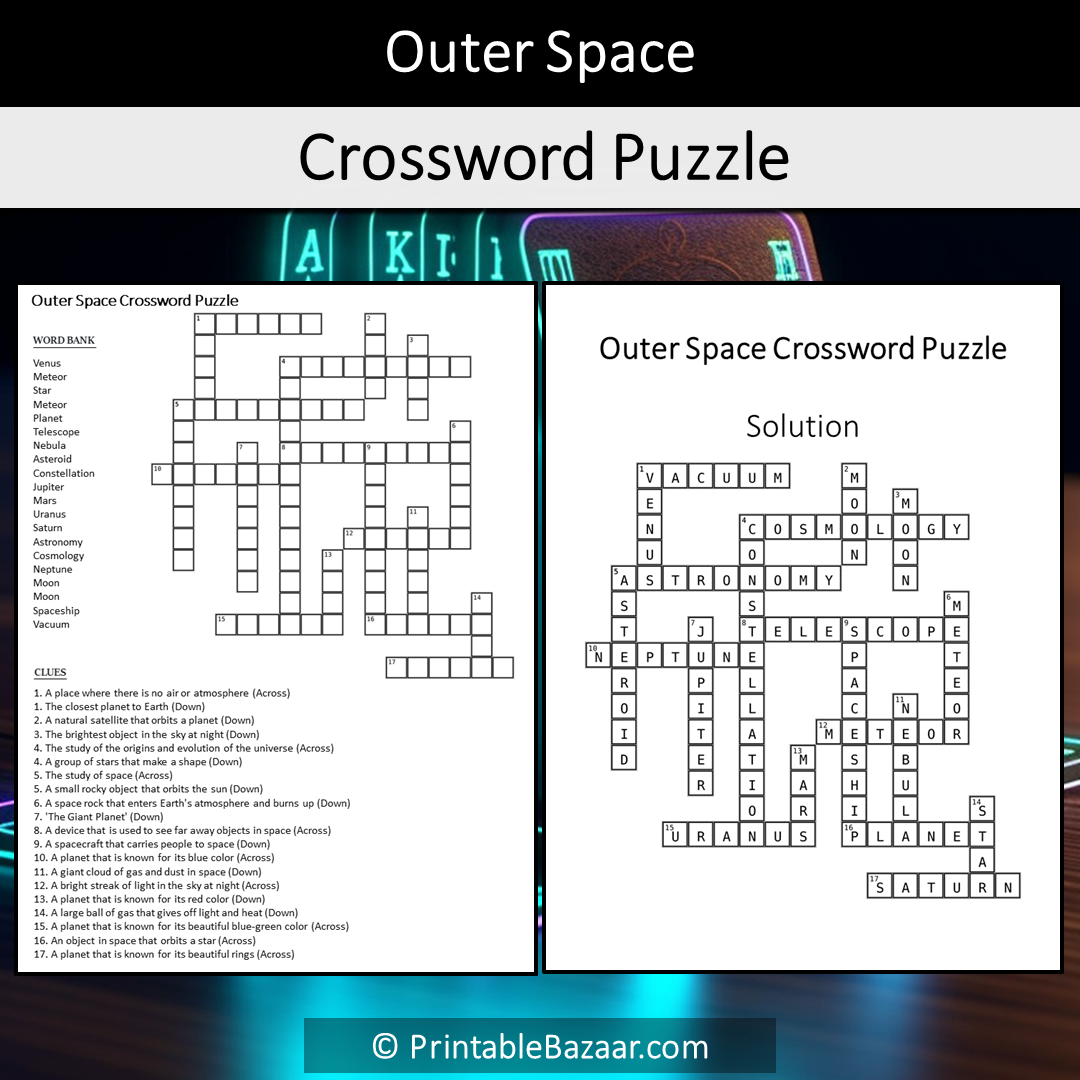 Outer Space Crossword Puzzle Worksheet Activity Printable PDF