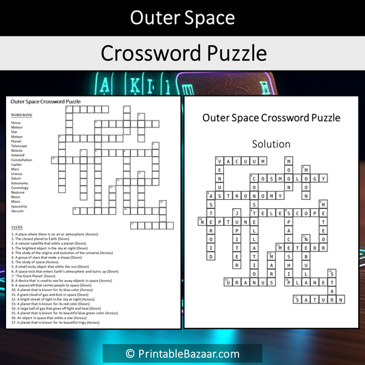 Outer Space Crossword Puzzle Worksheet Activity Printable PDF