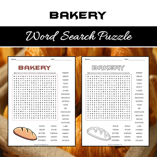 Bakery Word Search Puzzle Worksheet PDF