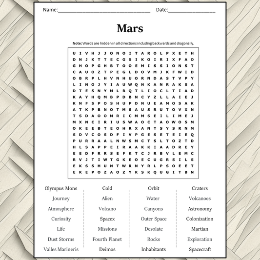 Mars Word Search Puzzle Worksheet Activity PDF