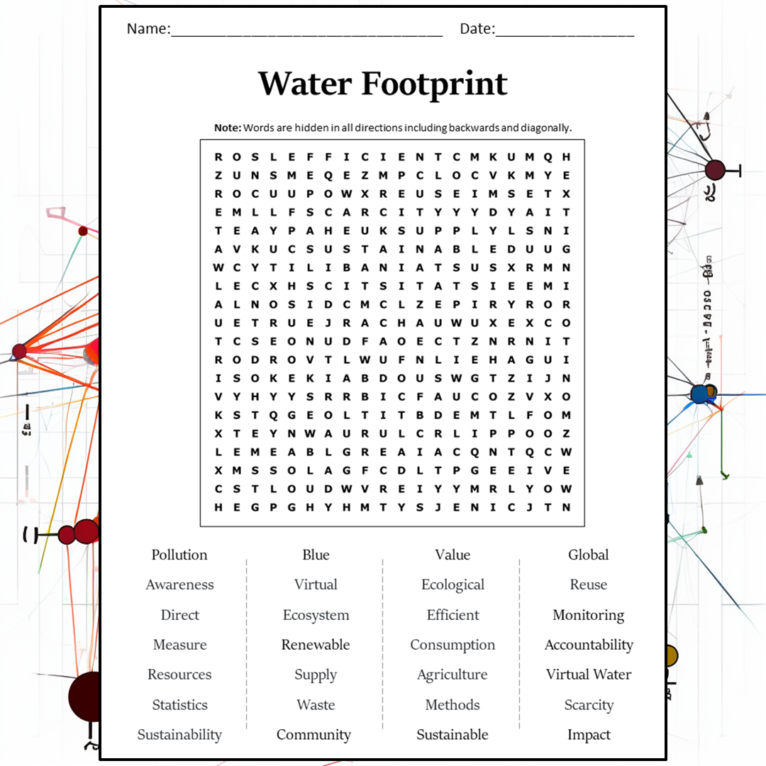 Water Footprint Word Search Puzzle Worksheet Activity PDF