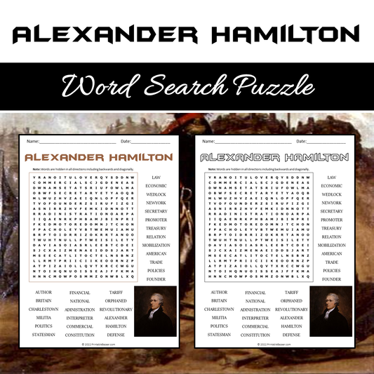 Alexander Hamilton Word Search Puzzle Worksheet PDF