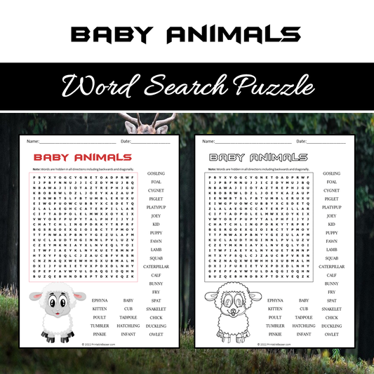 Baby Animals Word Search Puzzle Worksheet PDF