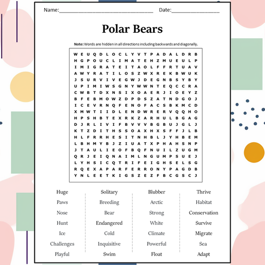 Polar Bears Word Search Puzzle Worksheet Activity PDF