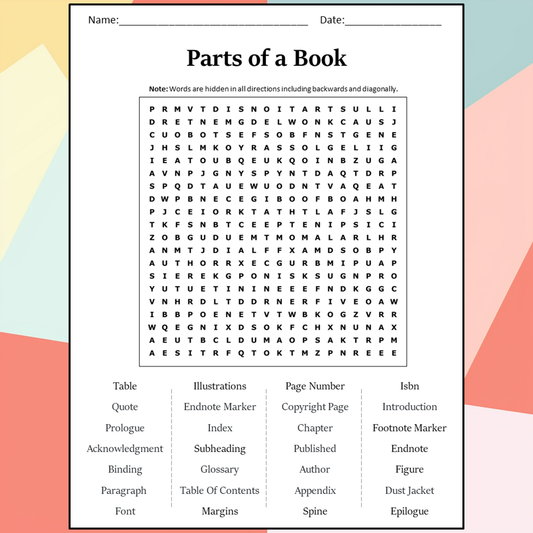 Parts Of A Book Word Search Puzzle Worksheet Activity PDF