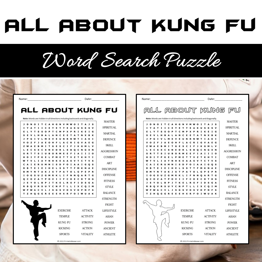 All About Kung Fu Word Search Puzzle Worksheet PDF
