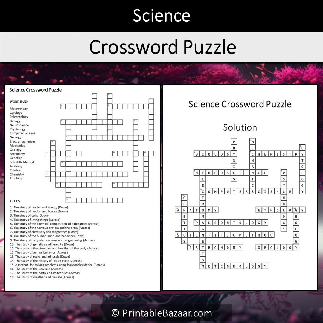 Science Crossword Puzzle Worksheet Activity Printable PDF