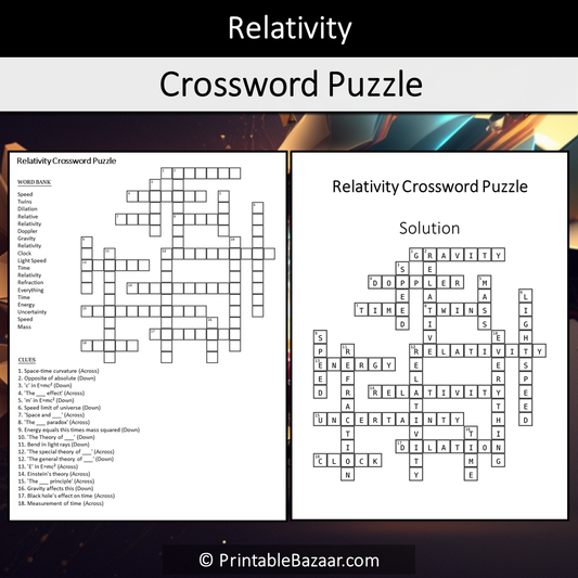 Relativity Crossword Puzzle Worksheet Activity Printable PDF