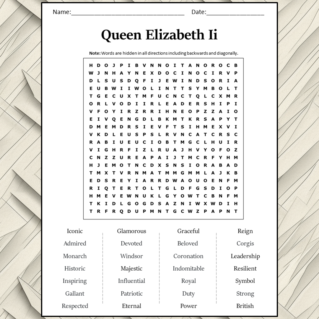 Queen Elizabeth Ii Word Search Puzzle Worksheet Activity PDF