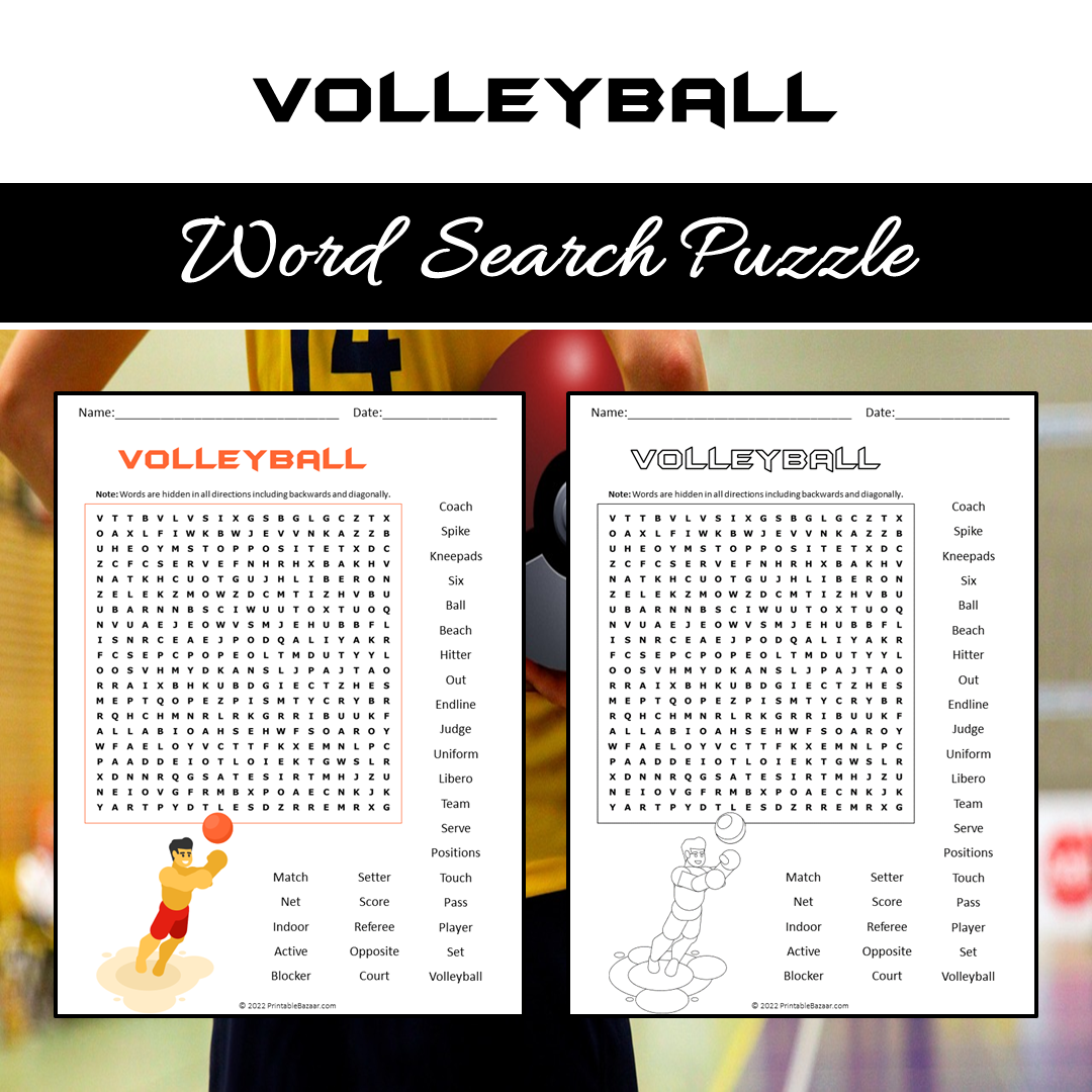 Volleyball Word Search Puzzle Worksheet PDF