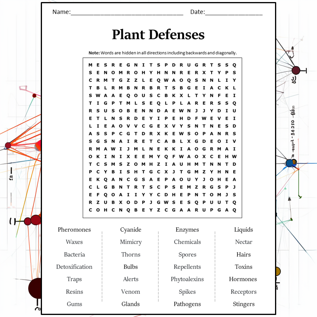 Plant Defenses Word Search Puzzle Worksheet Activity PDF