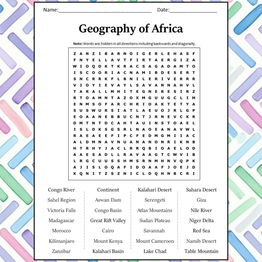 Geography Of Africa Word Search Puzzle Worksheet Activity PDF