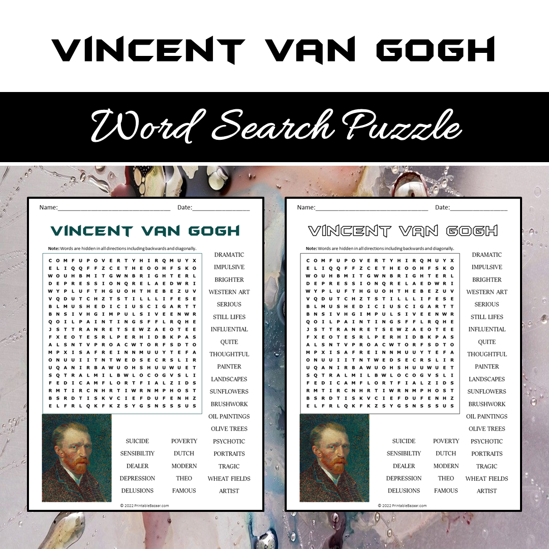 Vincent Van Gogh Word Search Puzzle Worksheet PDF