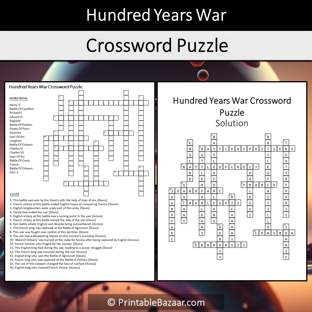 Hundred Years War Crossword Puzzle Worksheet Activity Printable PDF