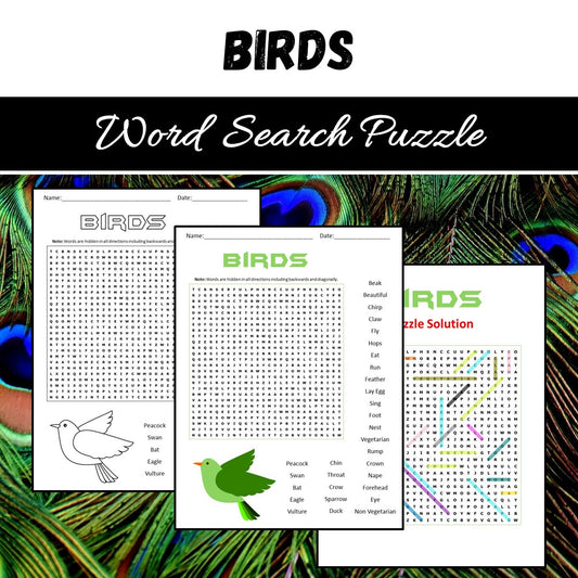 Birds Word Search Puzzle Worksheet PDF