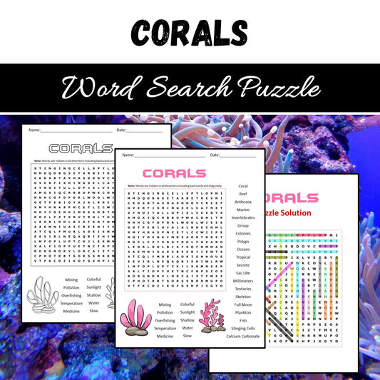 Corals Word Search Puzzle Worksheet PDF