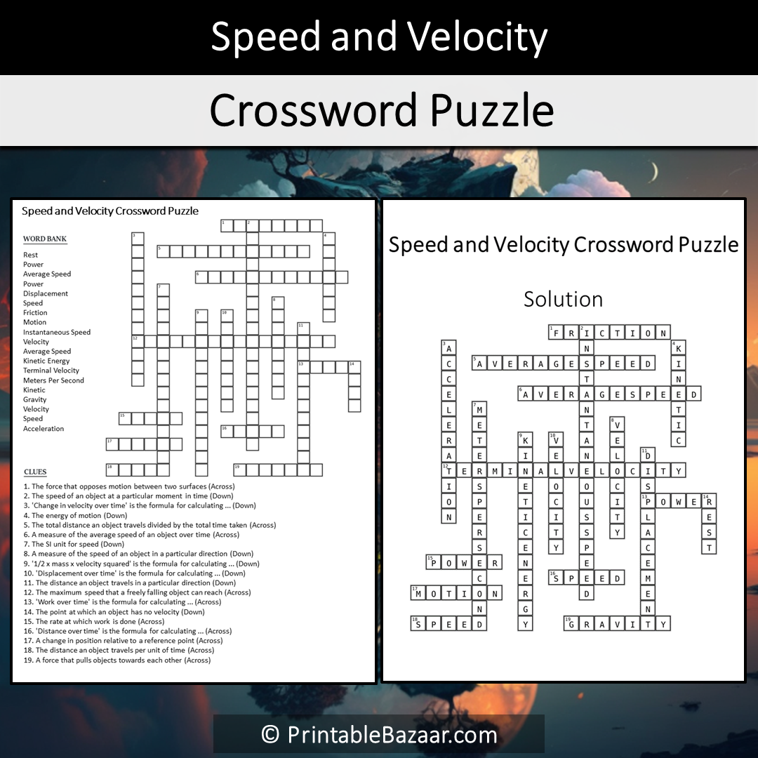 Speed And Velocity Crossword Puzzle Worksheet Activity Printable PDF