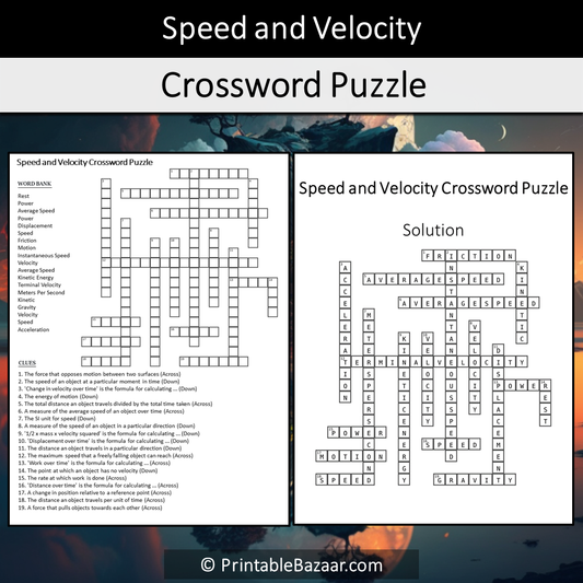 Speed And Velocity Crossword Puzzle Worksheet Activity Printable PDF