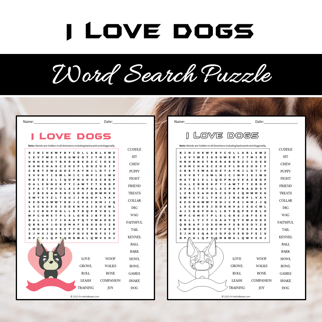 I Love Dogs Word Search Puzzle Worksheet PDF