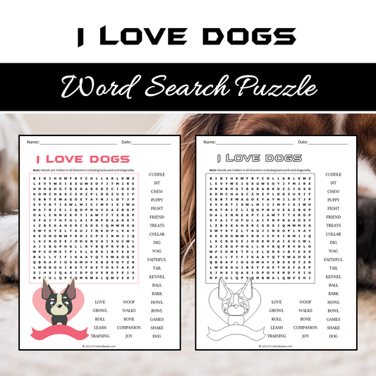 I Love Dogs Word Search Puzzle Worksheet PDF