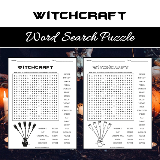 Witchcraft Word Search Puzzle Worksheet PDF