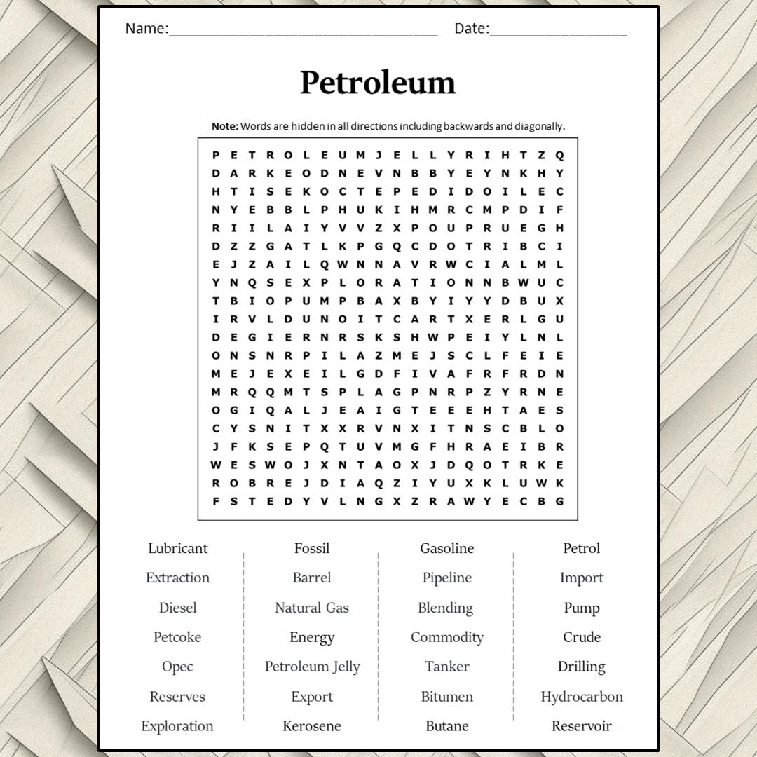 Petroleum Word Search Puzzle Worksheet Activity PDF