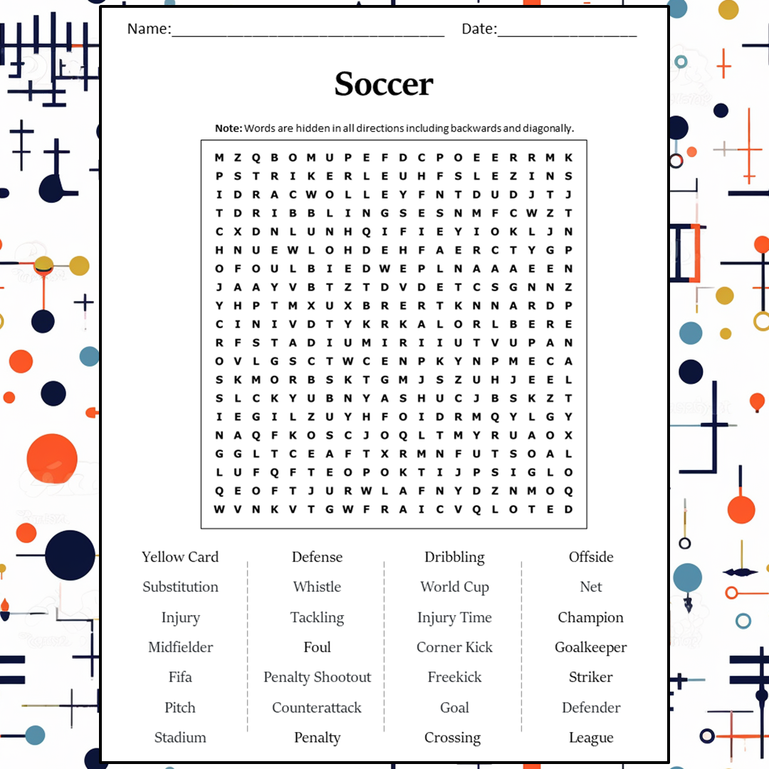 Soccer Word Search Puzzle Worksheet Activity PDF