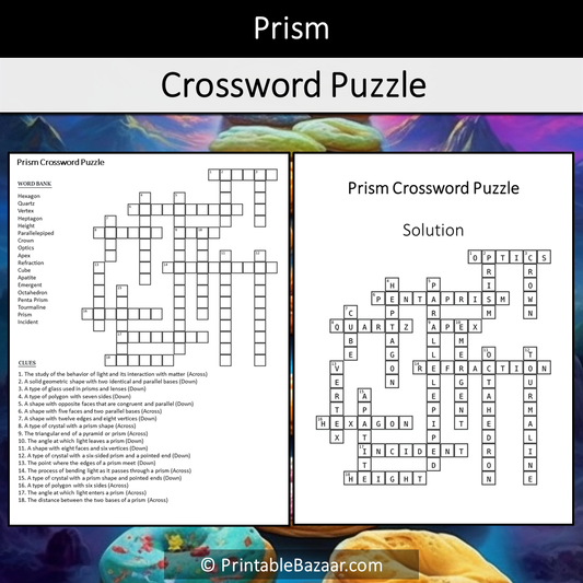 Prism Crossword Puzzle Worksheet Activity Printable PDF