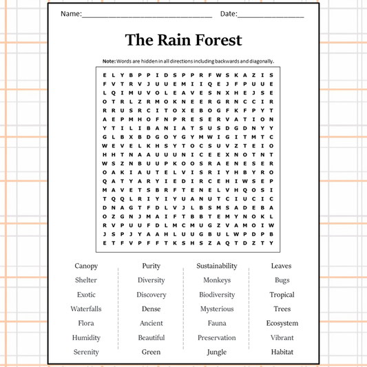 The Rain Forest Word Search Puzzle Worksheet Activity PDF